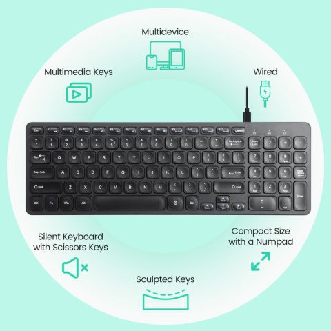 Klawiatura przewodowa Perixx PERIBOARD-215 scissor, ultra-flat, czarna, 4x HUB (2x USB-A, 2x USB-C)
