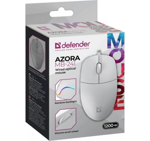 Mysz przewodowa Defender AZORA MB-241 OPTICAL 1200dpi 3P biała kabel 1.8 m