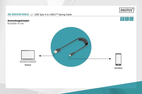 Kabel USB 2.0 DIGITUS spiralny USB A/USB C, PD 60W, czarny, max. 1m