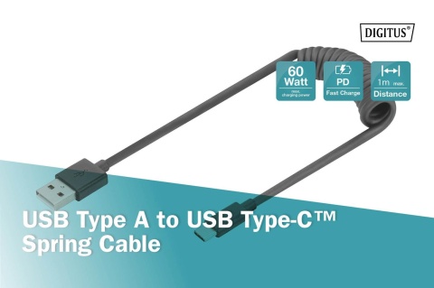 Kabel USB 2.0 DIGITUS spiralny USB A/USB C, PD 60W, czarny, max. 1m