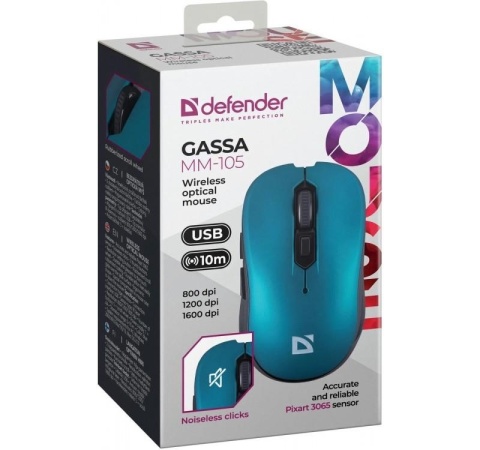 Mysz bezprzewodowa Defender GASSA MM-105 optyczna bezklikowa silent 1600dpi niebieska