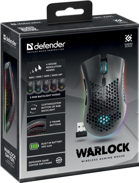 Mysz bezprzewodowa Defender WARLOCK GM-709L optyczna 2400dpi czarna RGB AKUMULATOR 8 przycisków Gaming