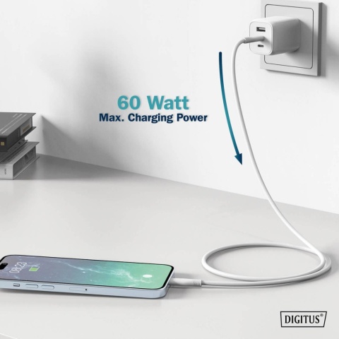 Kabel zasilający DIGITUS silikonowy USB-C - USB-C, USB 2.0 60W, 1m biały