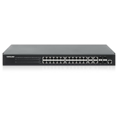 Switch zarządzalny Intellinet 24x 10/100/1000 Mbps PoE+ 370W+4x uplink Combo RJ45/SFP VLAN Rack 19"