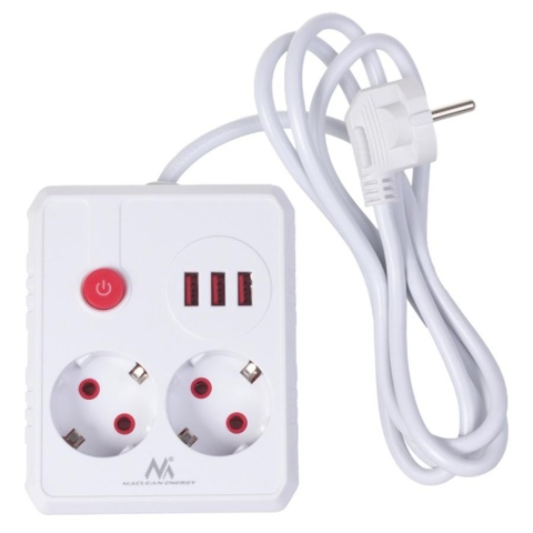Listwa zasilająca Maclean MCE387 W, przedłużacz 2 gniazda + 3xUSB, 110-240V AC 50/60Hz, 2.1A max 2500W, 1.5m, biała
