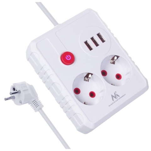 Listwa zasilająca Maclean MCE387 W, przedłużacz 2 gniazda + 3xUSB, 110-240V AC 50/60Hz, 2.1A max 2500W, 1.5m, biała