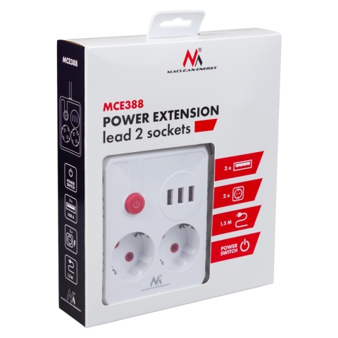Listwa zasilająca Maclean MCE387 W, przedłużacz 2 gniazda + 3xUSB, 110-240V AC 50/60Hz, 2.1A max 2500W, 1.5m, biała