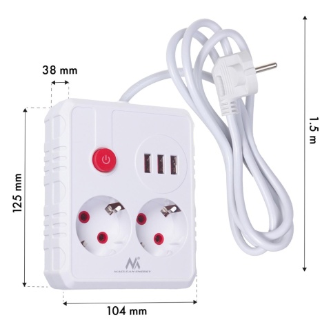 Listwa zasilająca Maclean MCE387 W, przedłużacz 2 gniazda + 3xUSB, 110-240V AC 50/60Hz, 2.1A max 2500W, 1.5m, biała