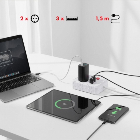 Listwa zasilająca Maclean MCE387 W, przedłużacz 2 gniazda + 3xUSB, 110-240V AC 50/60Hz, 2.1A max 2500W, 1.5m, biała