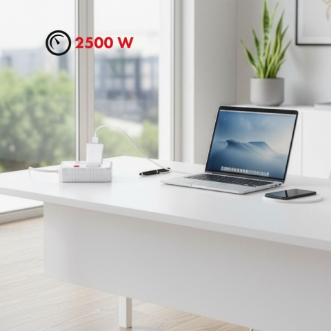 Listwa zasilająca Maclean MCE387 W, przedłużacz 2 gniazda + 3xUSB, 110-240V AC 50/60Hz, 2.1A max 2500W, 1.5m, biała