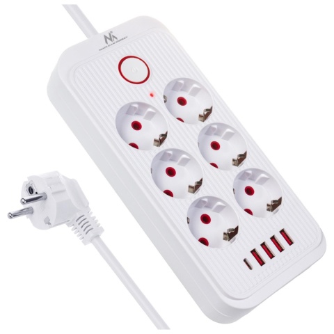 Listwa zasilająca Maclean MCE391 W, przedłużacz 6 gniazd + 4xUSB + USB-C, 110-240V AC 50/60Hz, 2.1A max 2500W, 3m, biała