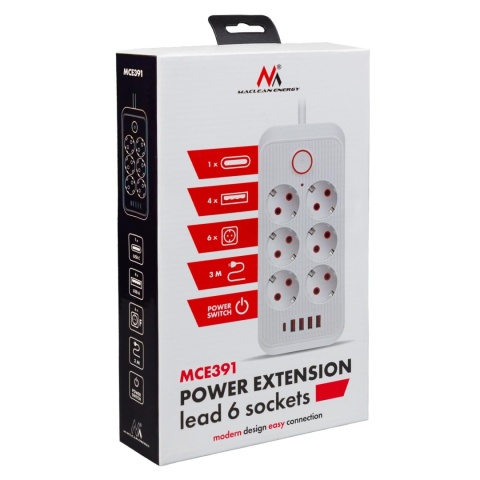 Listwa zasilająca Maclean MCE391 W, przedłużacz 6 gniazd + 4xUSB + USB-C, 110-240V AC 50/60Hz, 2.1A max 2500W, 3m, biała