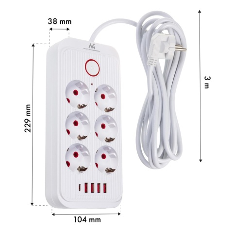 Listwa zasilająca Maclean MCE391 W, przedłużacz 6 gniazd + 4xUSB + USB-C, 110-240V AC 50/60Hz, 2.1A max 2500W, 3m, biała