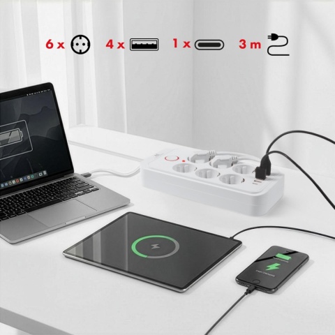 Listwa zasilająca Maclean MCE391 W, przedłużacz 6 gniazd + 4xUSB + USB-C, 110-240V AC 50/60Hz, 2.1A max 2500W, 3m, biała