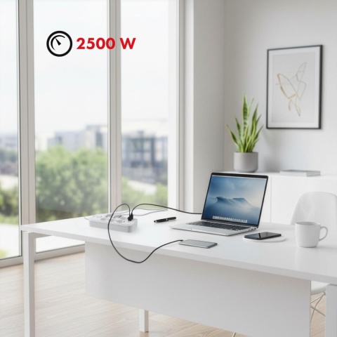Listwa zasilająca Maclean MCE391 W, przedłużacz 6 gniazd + 4xUSB + USB-C, 110-240V AC 50/60Hz, 2.1A max 2500W, 3m, biała