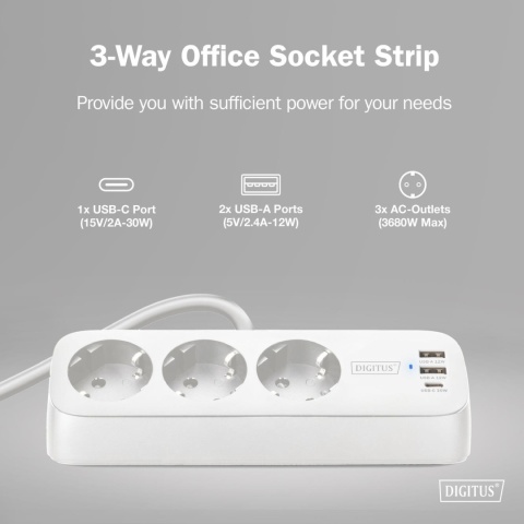 Listwa zasilająca biurkowa DIGITUS 3 gniazda Schuko, 2x USB-A (2x 12W), 1x USB-C (30W) z zaciskiem na blat, kabel 1,5m, biała