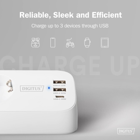 Listwa zasilająca biurkowa DIGITUS 3 gniazda Schuko, 2x USB-A (2x 12W), 1x USB-C (30W) z zaciskiem na blat, kabel 1,5m, biała