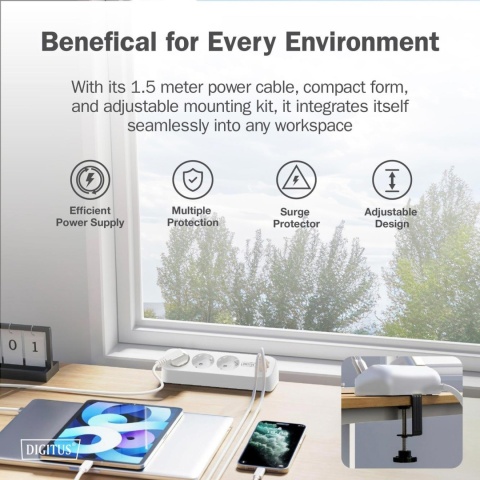 Listwa zasilająca biurkowa DIGITUS 3 gniazda Schuko, 2x USB-A (2x 12W), 1x USB-C (30W) z zaciskiem na blat, kabel 1,5m, biała