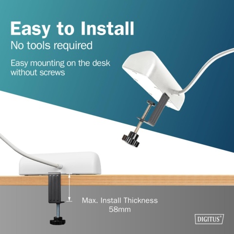 Listwa zasilająca biurkowa DIGITUS 3 gniazda Schuko, 2x USB-A (2x 12W), 1x USB-C (30W) z zaciskiem na blat, kabel 1,5m, biała