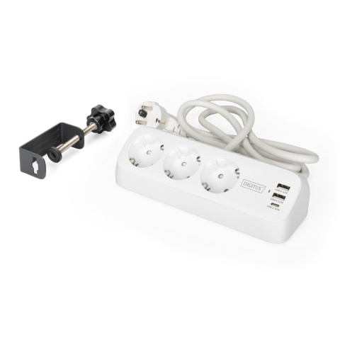 Listwa zasilająca biurkowa DIGITUS 3 gniazda Schuko, 2x USB-A (2x 12W), 1x USB-C (30W) z zaciskiem na blat, kabel 1,5m, biała