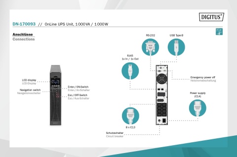 Zasilacz awaryjny UPS DIGITUS Online Rack 19" LCD 1000VA/1000W 2x12V/9Ah 8xC13 1xC14 USB RS232 RJ45