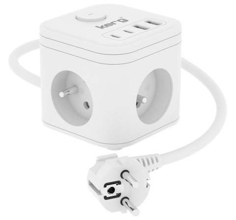 Kostka zasilająca KERG 3-gniazdowa + ładowarka USB-A+USB-C 1,5m 3×1,5mm2 H05VV-F 16A/250V biała