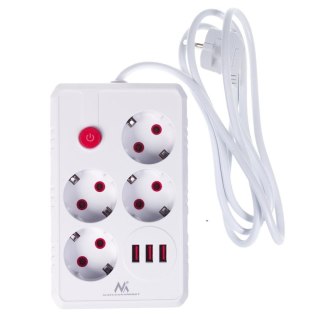 Listwa zasilająca Maclean MCE392 W, przedłużacz 4 gniazda + 3xUSB, 110-240V AC 50/60Hz, 2.1A max 2500W, 1,5m, biała
