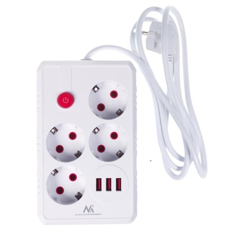 Listwa zasilająca Maclean MCE392 W, przedłużacz 4 gniazda + 3xUSB, 110-240V AC 50/60Hz, 2.1A max 2500W, 1,5m, biała