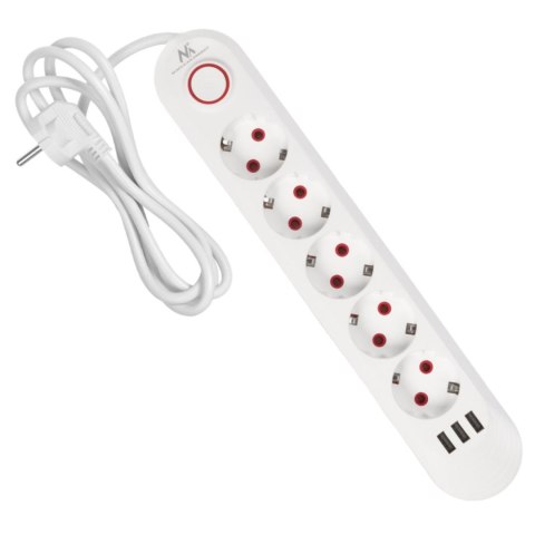 Listwa zasilająca Maclean MCE395 W, przedłużacz 5 gniazd + 3xUSB, 110-240V AC 50/60Hz, 2.1A max 2500W, 1,5m, biała