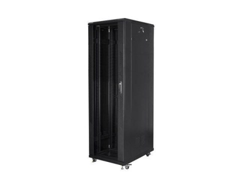 Szafa instalacyjna Rack stojąca 19" 42U 800x800 drzwi szklane czarna Lanberg (złożona)