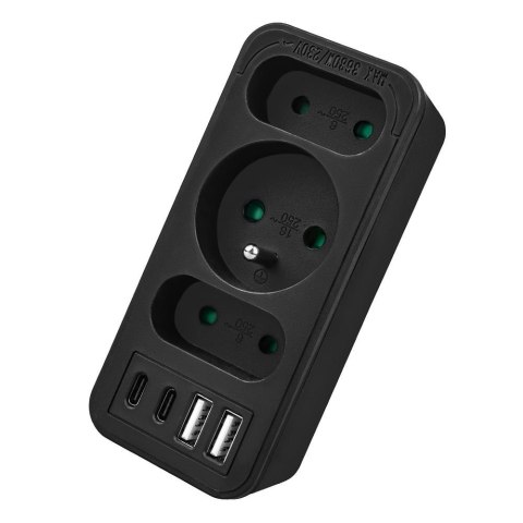 Gniazdko prądowe x3 + 4xUSB Maclean MCE248 F/B, rozgałęźnik z 3 gniazdami, 2xUSB A, 2xUSB C PD 20W, 1x16A + 2x6A