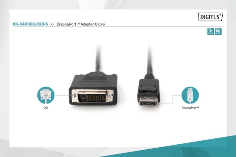 Kabel adapter DIGITUS DisplayPort z zatrzaskiem 1080p 60Hz FHD Typ DP/DVI-D (24+1) M/M 2m
