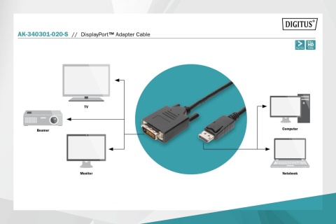 Kabel adapter DIGITUS DisplayPort z zatrzaskiem 1080p 60Hz FHD Typ DP/DVI-D (24+1) M/M 2m