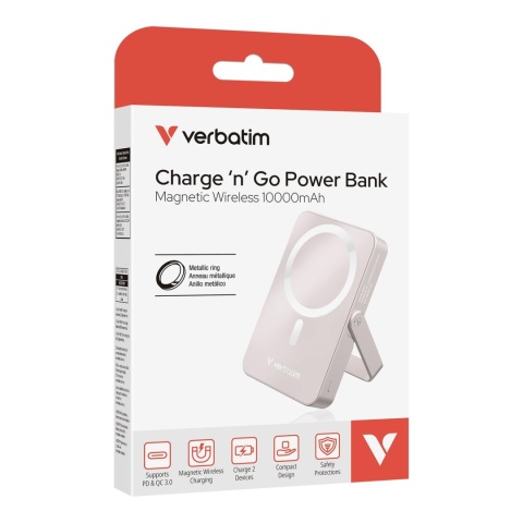 Powerbank Verbatim Charge 'n' Go Magnetic Wireless with Stand 10000mAh USB-C PD 3.0 Pink