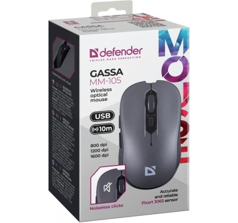 Mysz bezprzewodowa Defender GASSA MM-105 optyczna bezklikowa silent 1600dpi szara
