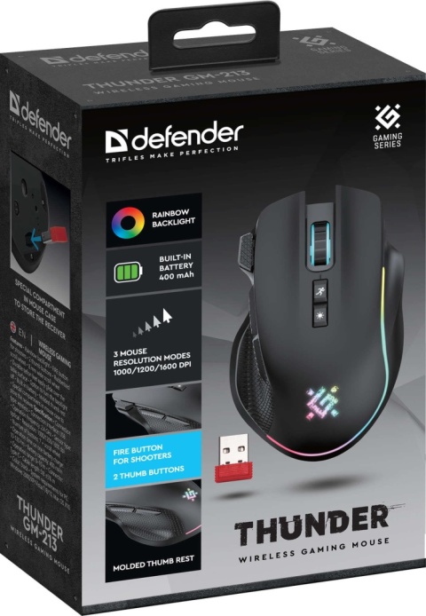 Mysz bezprzewodowa Defender THUNDER GM-213 optyczna 1600dpi czarna RGB AKUMULATOR 8 przycisków Gaming