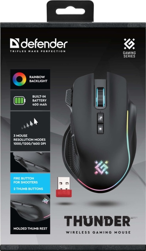 Mysz bezprzewodowa Defender THUNDER GM-213 optyczna 1600dpi czarna RGB AKUMULATOR 8 przycisków Gaming