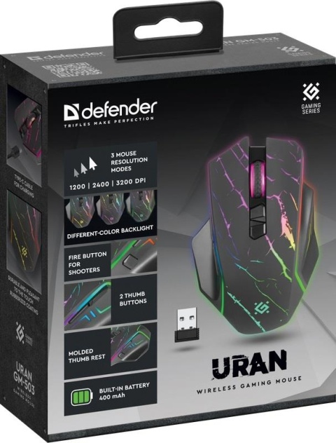 Mysz bezprzewodowa Defender URAN GM-503 optyczna 3200dpi czarna RGB AKUMULATOR 8 przycisków Gaming