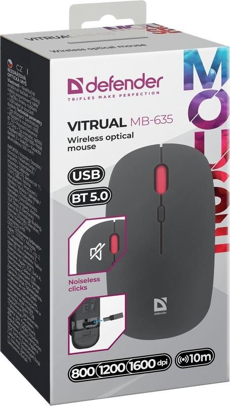 Mysz bezprzewodowa Defender VITRUAL MB-635 optyczna 1600dpi 2.4 GHz + Bluetooth czarna AKUMULATOR bezklikowa silent
