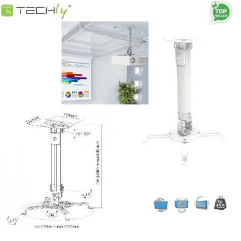 Ramię do projektora Techly 38-58 cm. 13,5kg, sufitowe, srebrne