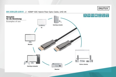 Kabel DIGITUS połączeniowy hybrydowy AOC HDMI 2.0 Premium High Speed Ethernet 4K60Hz UHD HDMI A/HDMI A M/M czarny 10m