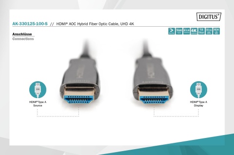 Kabel DIGITUS połączeniowy hybrydowy AOC HDMI 2.0 Premium High Speed Ethernet 4K60Hz UHD HDMI A/HDMI A M/M czarny 10m