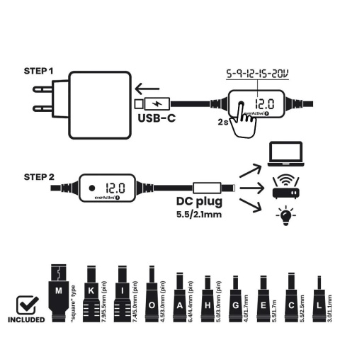 Selektor napięcia, kabel uniwersalny everActive USB-C PD - DC 5V, 9V, 12V, 15V, 20V - 10 wtyków
