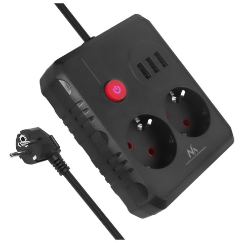 Listwa zasilająca Maclean MCE388 B, przedłużacz 2 gniazda + 3xUSB, 110-240V AC 50/60Hz, 2.1A max 2500W, 3 m, czarna