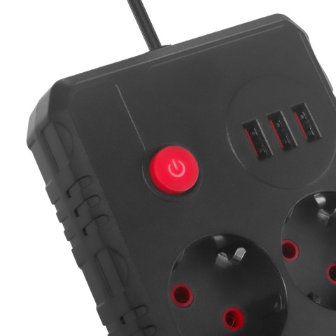 Listwa zasilająca Maclean MCE388 B, przedłużacz 2 gniazda + 3xUSB, 110-240V AC 50/60Hz, 2.1A max 2500W, 3 m, czarna