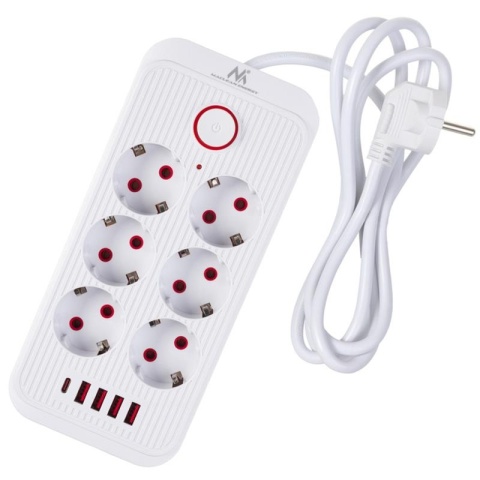 Listwa zasilająca Maclean MCE389 W, przedłużacz 6 gniazd + 4xUSB + USB-C, 110-240V AC 50/60Hz, 2.1A max 2500W, 1,5 m, biała