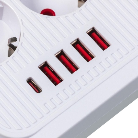 Listwa zasilająca Maclean MCE389 W, przedłużacz 6 gniazd + 4xUSB + USB-C, 110-240V AC 50/60Hz, 2.1A max 2500W, 1,5 m, biała