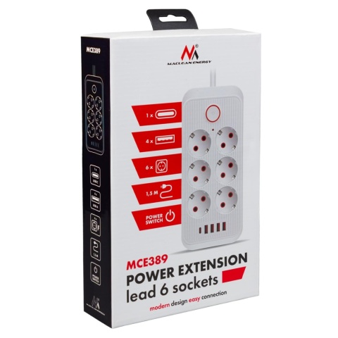 Listwa zasilająca Maclean MCE389 W, przedłużacz 6 gniazd + 4xUSB + USB-C, 110-240V AC 50/60Hz, 2.1A max 2500W, 1,5 m, biała