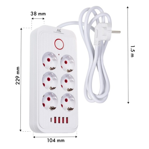 Listwa zasilająca Maclean MCE389 W, przedłużacz 6 gniazd + 4xUSB + USB-C, 110-240V AC 50/60Hz, 2.1A max 2500W, 1,5 m, biała