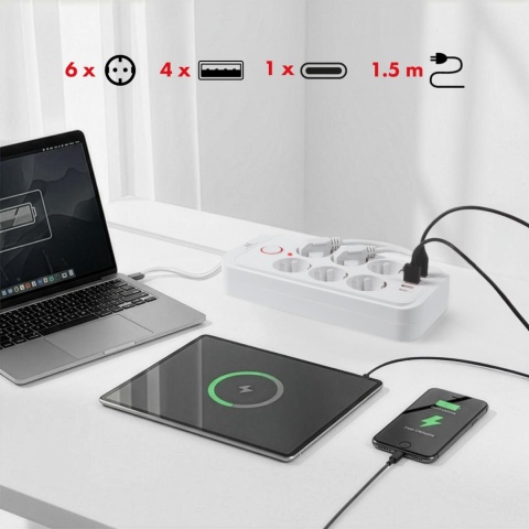 Listwa zasilająca Maclean MCE389 W, przedłużacz 6 gniazd + 4xUSB + USB-C, 110-240V AC 50/60Hz, 2.1A max 2500W, 1,5 m, biała